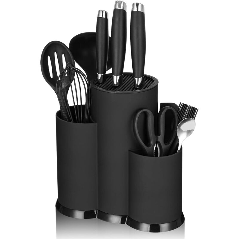 3-in-1 Messerblock (Messer nicht enthalten), runder Messerblock mit Schlitzen, geeignet für alle Küchenmesser, schwarzer Messerblock