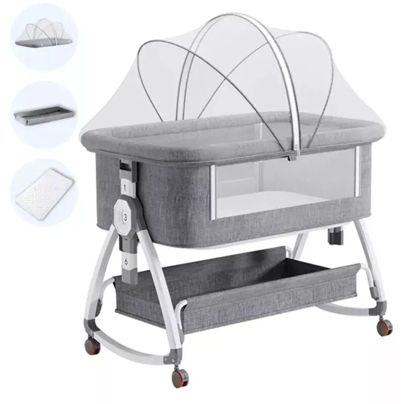 3-in-1 tragbares Beistellbett mit Rädern, multifunktionales Babybett mit Matratze, atmungsaktives Netzgewebe, geeignet ab Geburt, grau, NEU