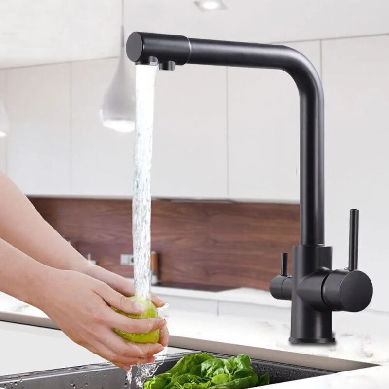 3-in-1-Wasserhahn schwarz, 360 ° drehbar Küche Badezimmer-Wasserhahn, moderner Wassersparer Wasserbecken kalter und warmer Wasserhahn