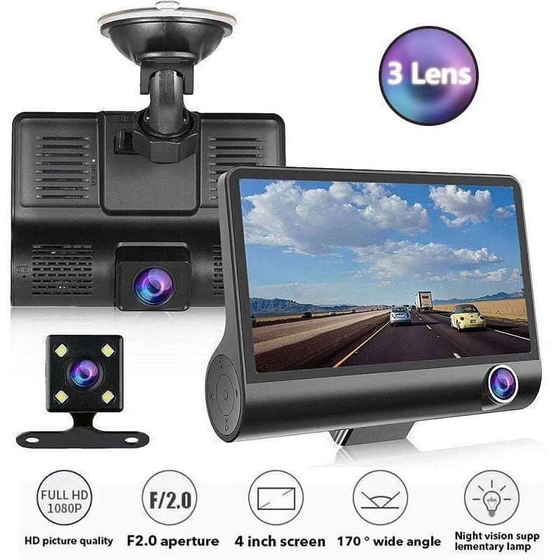 3-Kamera-Dashcam mit Full HD 1080p-Auflösung – Verbesserte Nachtsicht – 170°-Weitwinkel – 4-Zoll-LCD-Bildschirm – Loop-Aufnahme