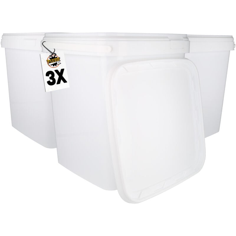 Fixedbyu - 3 Kunststoffeimer mit Deckel, pp, eckig, weiß, Lebensmittelecht 10,8 l