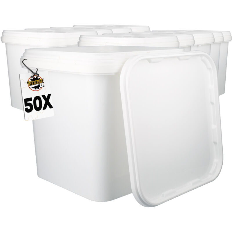 Fixedbyu - 50 Kunststoffeimer mit Deckel, pp, eckig, weiß, Lebensmittelecht 5,4 l