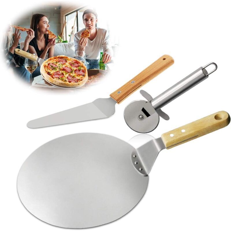 3 pezzi Taglia pizza, pala per pizza, pala per torta, manico in legno in acciaio inox, ideale per torte, pizza o dolci