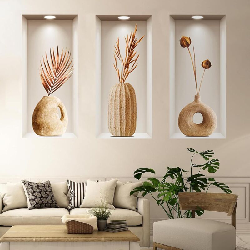 3-teiliges Wandaufkleber-Set fürs Wohnzimmer, 3D-Vasen-Wandaufkleber, geeignet für dekorative Blumen-Wandtattoos fürs Wohnzimmer