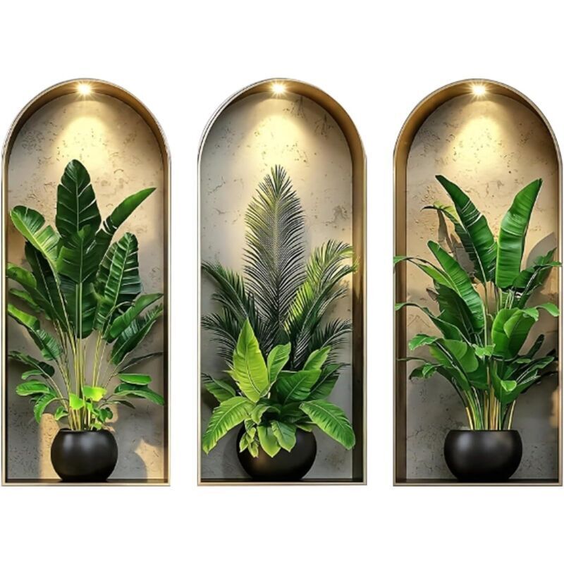 3-teiliges Wandtattoo-Set, 25 x 60 cm, 3D-Pflanzen-Wandtattoos, dekorative Vinyl-Aufkleber, moderne Wandtattoos, Vasen-Wanddeko für Wohnzimmer,