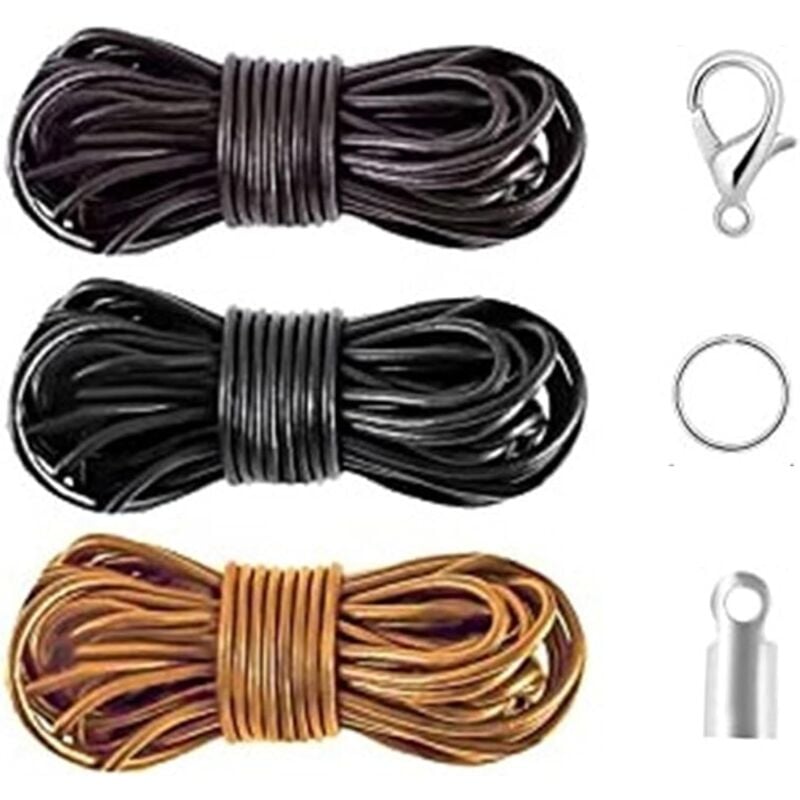 3 Rollen 5M x 2mm Lederschnur Lederband aus echt Leder, Klassik Vintage Band Faden für Armband Ketten Schmuck diy Handwerk - Schwarz, Braun, Natur