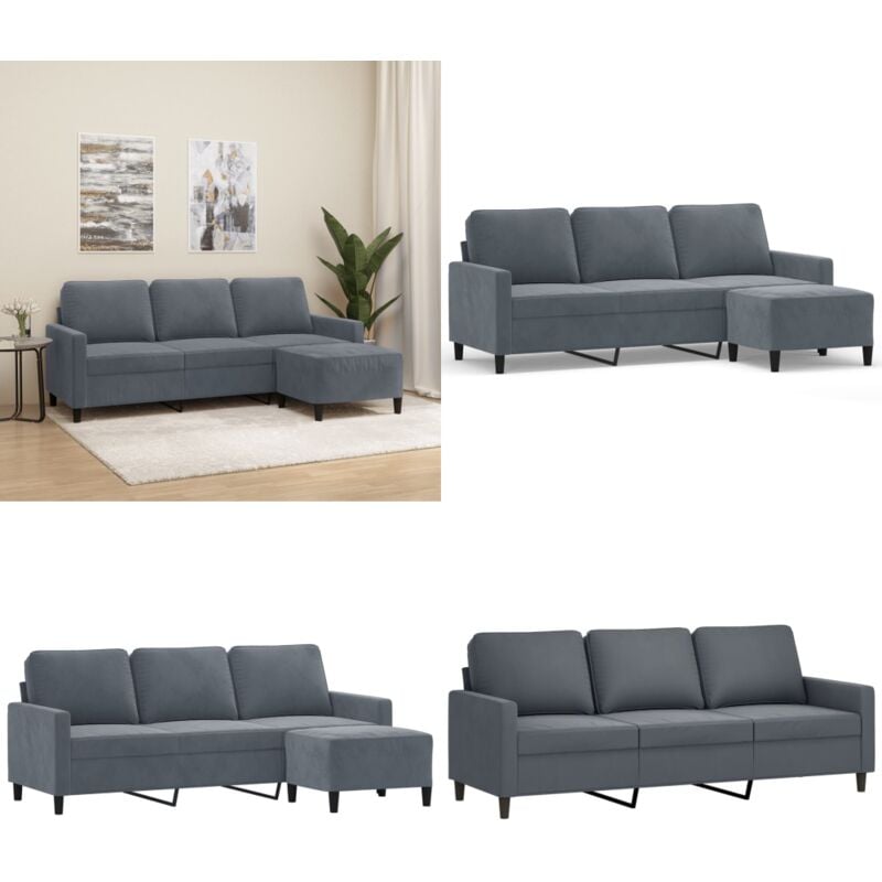 3-Sitzer-Sofa mit Hocker Dunkelgrau 180 cm Samt - Samtsofa - 3-Sitzer-Sofa - Wohnzimmermöbel - Grau Sofa - Lounge Möbel - Home & Living