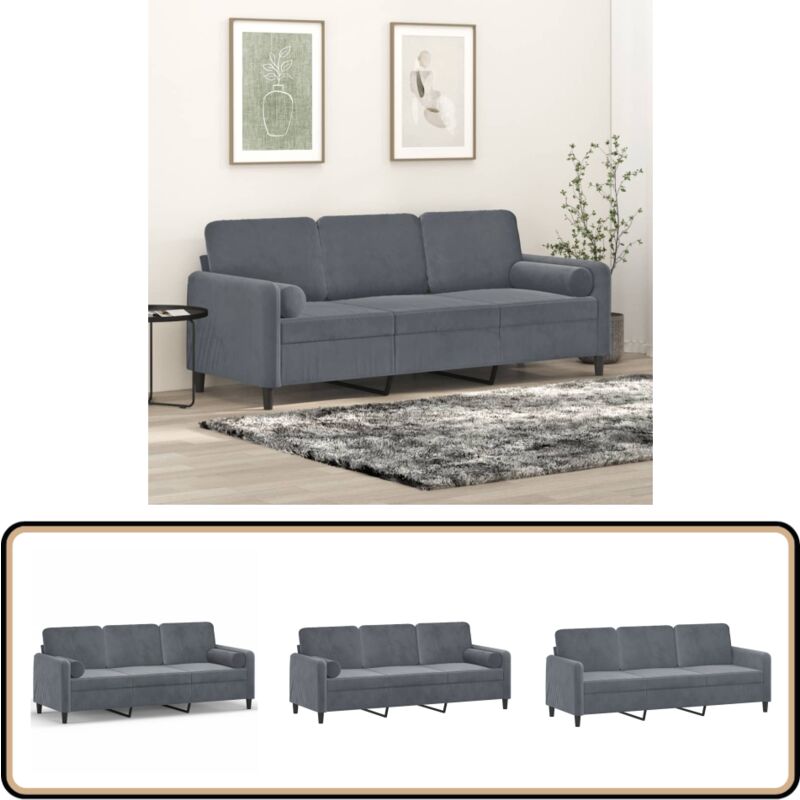 3-Sitzer-Sofa mit Zierkissen Dunkelgrau 180 cm Samt - Samtsofa - Wohnlandschaft - 3er Sofa - Grau Sofa - Lounge Möbel