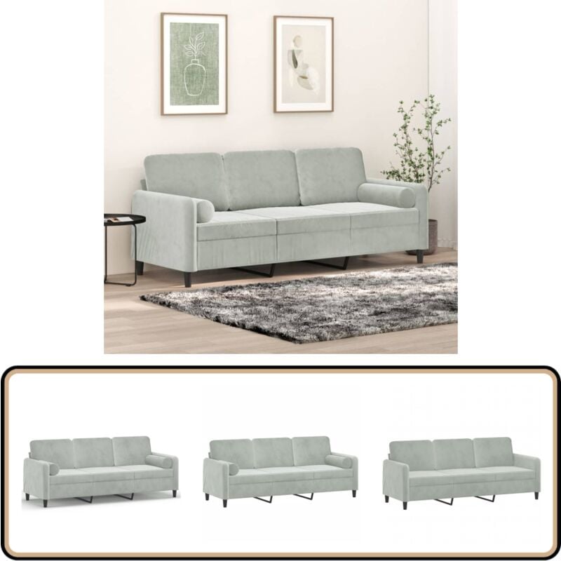 3-Sitzer-Sofa mit Zierkissen Hellgrau 180 cm Samt - Samtsofa - 3-Sitzer-Sofa - Wohnlandschaft - Grau Sofa - Gemütliches Sofa