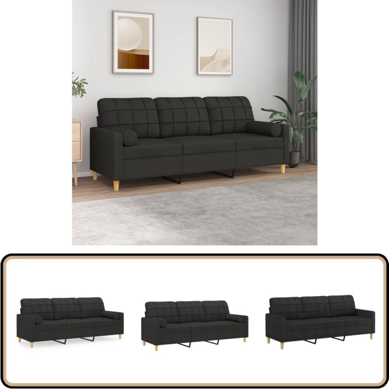 3-Sitzer-Sofa mit Zierkissen Schwarz 180 cm Stoff - 3-Sitzer-Sofa - Schwarzes Sofa - Wohnzimmersofa - Gemütliches Sofa - Schaumstoff Sofa