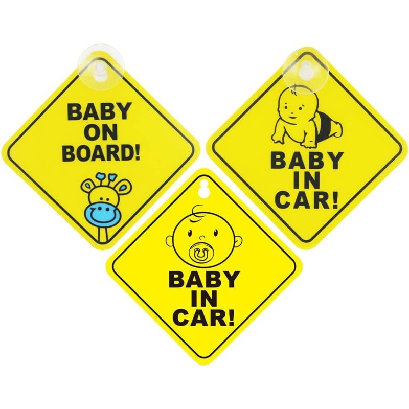 3 Stück Baby an Bord Autoschild, Gelbes Baby an Bord Schild für Auto, Mit Saugnapf Baby an Bord Aufkleber Sicherheitswarnaufkleber für Fahrzeuge