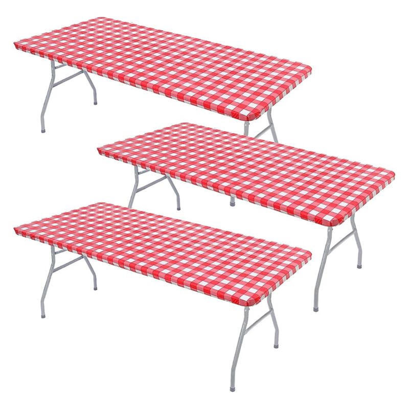3-teilige Tischdecke für den Tisch, dehnbar, wasserdicht, elastisch, Vinyl, Picknick-Tischdecke mit Flanell-Futter (rot)