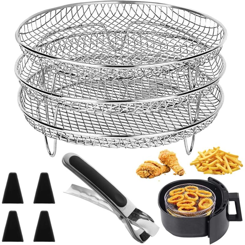 3-teiliger Airfryer-Ständer, runder Edelstahl-Dampfgareinsatz für Airfryer mit 4 Silikonfüßen, 1 Verbrühungsschutzclip, zum Dörren, Kochen und Backen