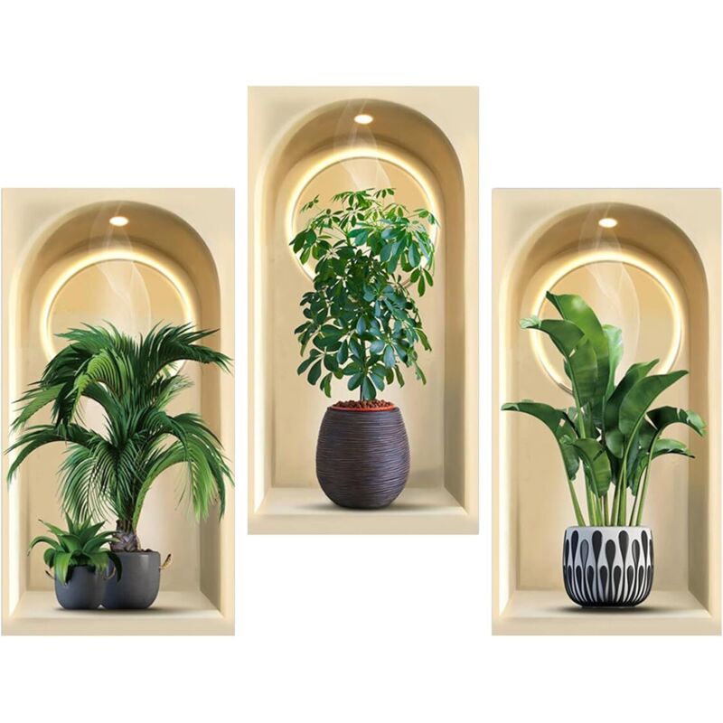 3-teiliges 3D-Wandtattoo-Set, 30 x 60 cm, Wandaufkleber mit simulierten Topfpflanzen, dekorative Wandaufkleber, DIY-Vasen-Wandaufkleber für