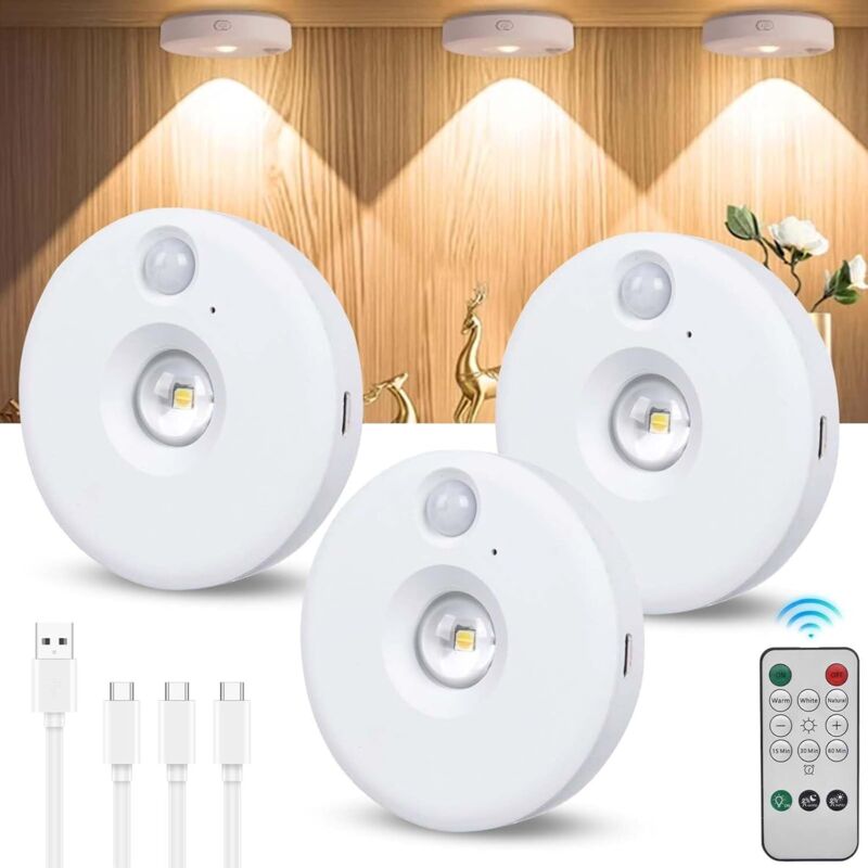 3-teiliges kabelloses LED-Spot-Set mit Fernbedienung, wiederaufladbarem Akku, magnetisch dimmbar, für Schränke, Kleiderschränke und Vitrinen