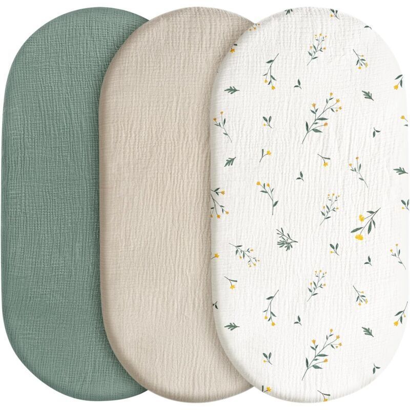 3-teiliges Set Spannbettlaken/Matratzenschoner für Laufstall, 100 % Baumwollmusselin, weich, für Kinderwagen, Geschenk zur Babyparty