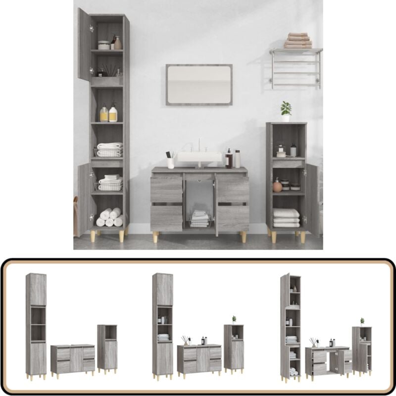 Vidaxl - 3-tlg. Badmöbel-Set Grau Sonoma Holzwerkstoff - Badmöbel-Set - Badezimmermöbel - Waschtischschrank - Graue Möbel - Eukalyptus