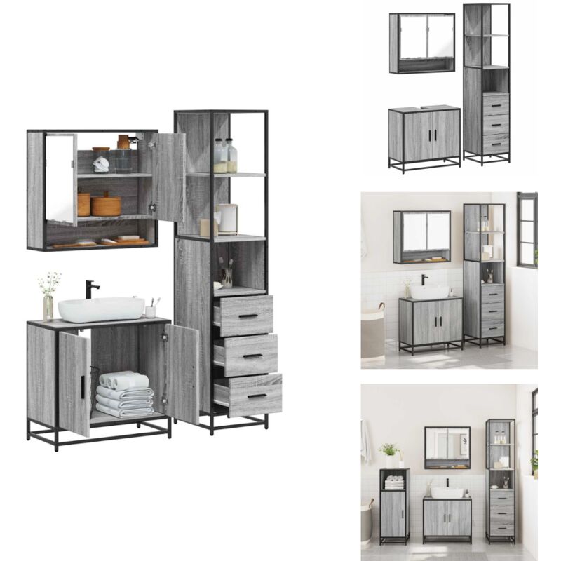 3-tlg. Badmöbel-Set Grau Sonoma Holzwerkstoff - Badmöbel Set - Badmöbel Sets - Badezimmermöbel-Set - Badezimmerschrank