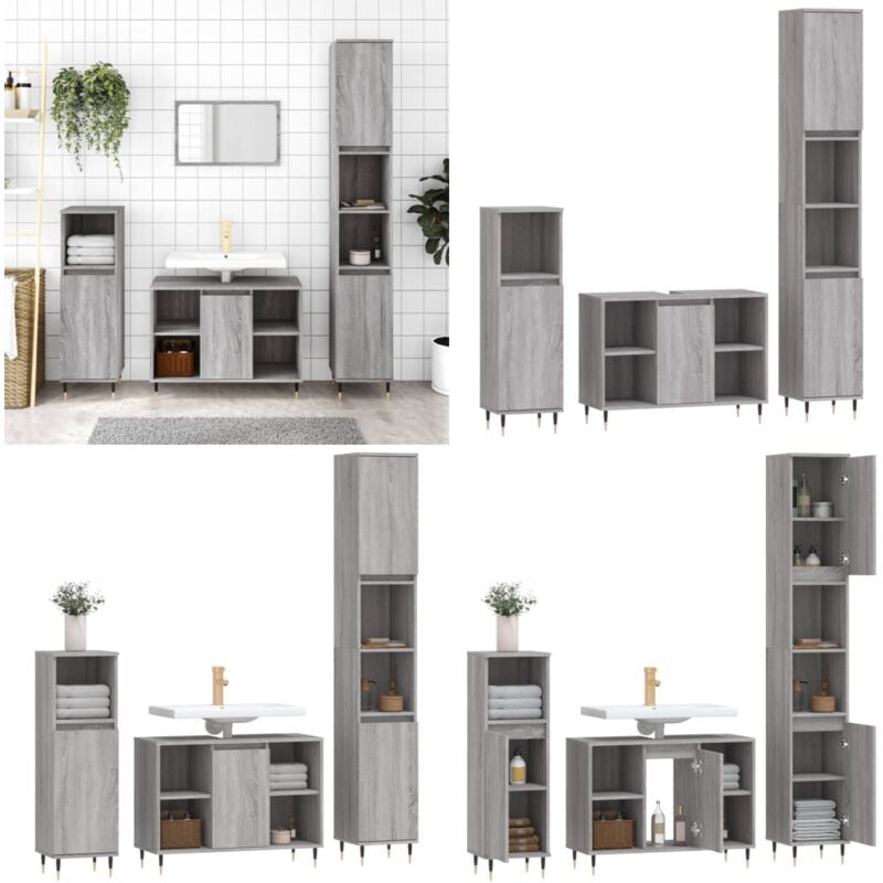 Vidaxl - 3-tlg. Badmöbel-Set Grau Sonoma Holzwerkstoff - Badmöbel-Set - Badezimmermöbel - Holzwerkstoff - Graues Badzimmer - Badschränke - Home &