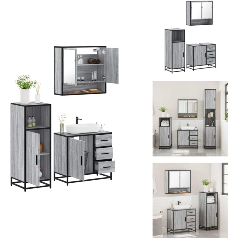 3-tlg. Badmöbel-Set Grau Sonoma Holzwerkstoff - Badmöbel Set - Badmöbel Sets - Badmöbelset - Badmöbel