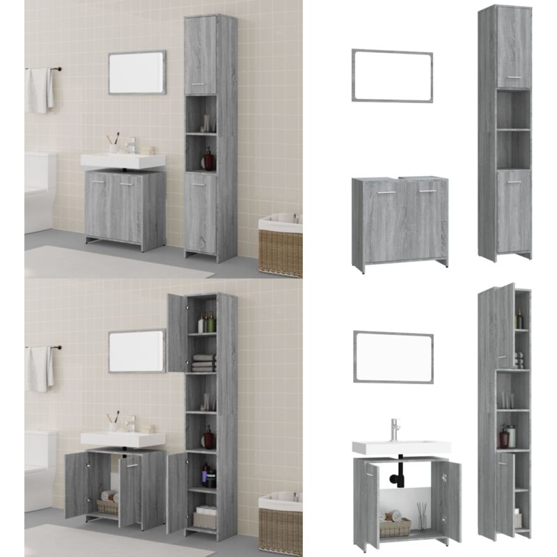 Vidaxl - 3-tlg. Badmöbel-Set Grau Sonoma Holzwerkstoff - Badmöbel Set - Holzwerkstoff - Badezimmermöbel - Grau Sonoma - Spiegelschrank - Home & Living