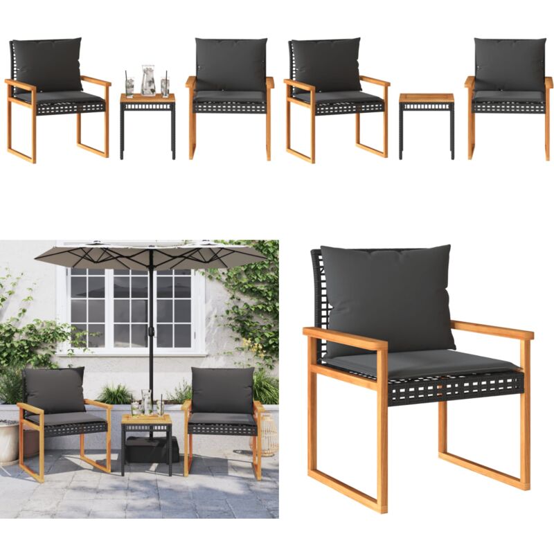 3-tlg. Bistro-Set mit Kissen Schwarz Poly Rattan Akazienholz - Gartensets - Outdoor Möbel - Bistro Set - Gartenmöbel - Rattan Gartenmöbel - Home &