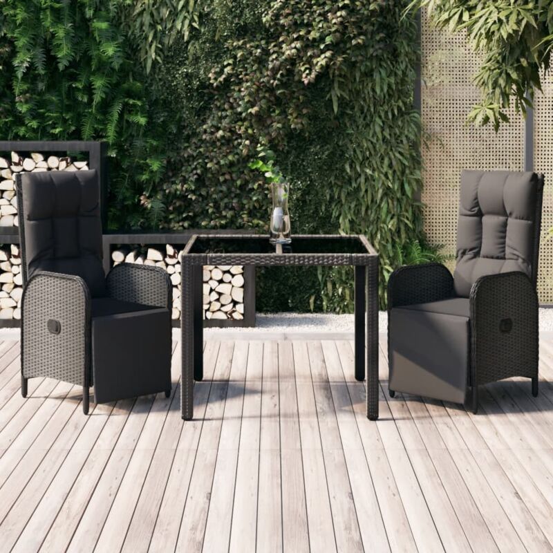 3-tlg. Garten-Essgruppe Gartenmöbel Set Terrassen/Balkon/Outdoor-Essgruppe mit Kissen Schwarz Poly Rattan ETHJ244658 BonneVie