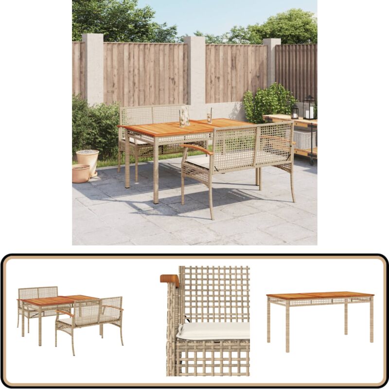 3-tlg. Garten-Essgruppe mit Kissen Beige Poly Rattan - Gartentisch - Gartenmöbelset - Esstisch - Outdoor-Möbel - Gartenlounge
