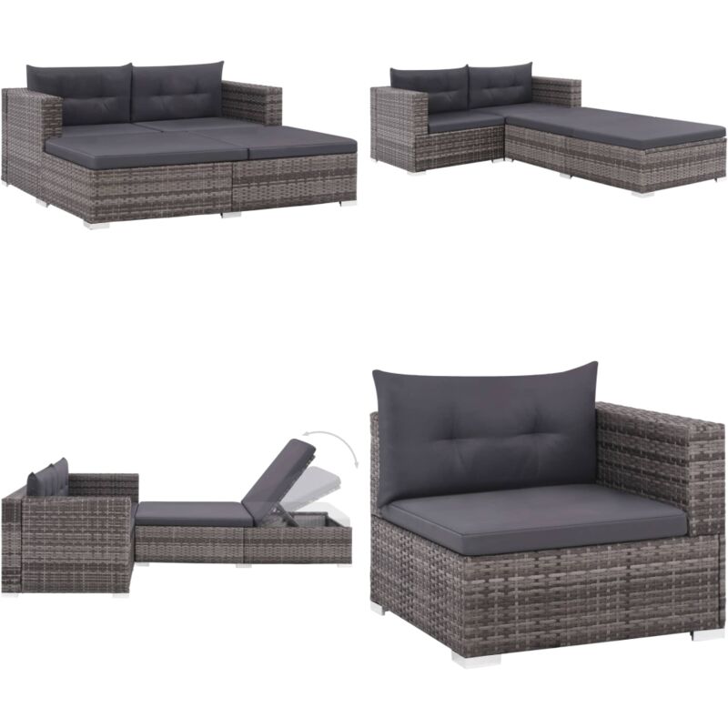 3-tlg. Garten-Lounge-Set mit Auflagen Poly Rattan Grau - Rattan Möbel - Garten Lounge - Sonnenliegen - Outdoor Möbel - Esstischgarnitur - Home &