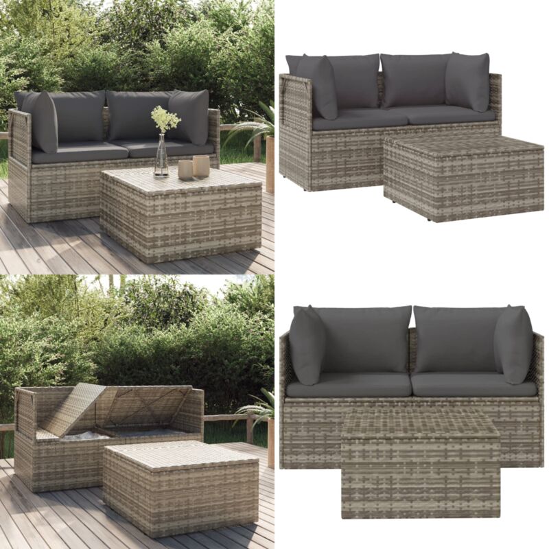 3-tlg. Garten-Lounge-Set mit Kissen Grau Poly Rattan - Garten Lounge Set - Outdoor Sofa - Rattan Gartenmöbel - Gartenmöbel Aus Kunststoff