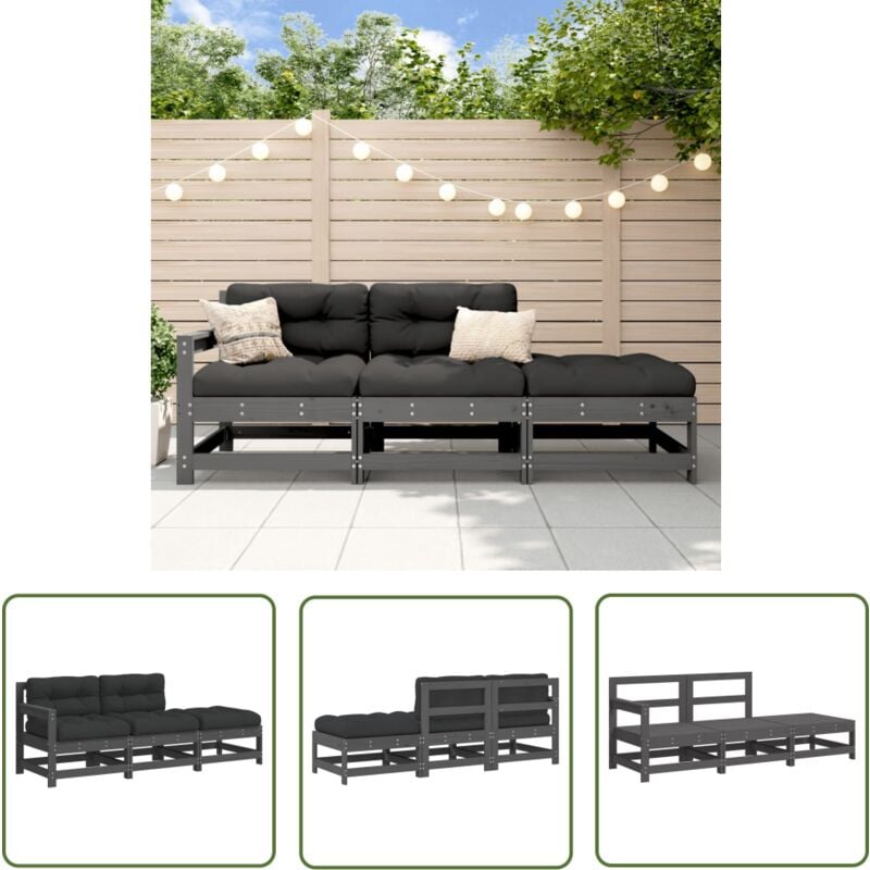 The Living Store 3-tlg. Garten-Lounge-Set mit Kissen Grau Massivholz - Gartenmöbel - Loungesessel - Gartenloungeset - Rattan Möbel - Holz Gartenmöbel
