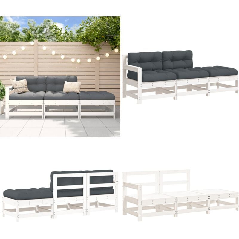 3-tlg. Garten-Lounge-Set mit Kissen Weiß Massivholz - Gartenmöbel - Loungemöbel - Gartenlounge - Rattan Möbel - Holz Gartenmöbel - Home & Living