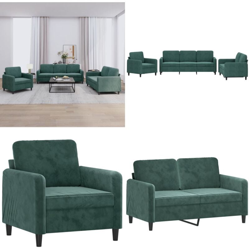 3-tlg. Sofagarnitur Dunkelgrün Samt - Samtsofa - Wohnlandschaft - Couchgarnitur - Gemütliches Sofa - Dunkelgrünes Sofa - Home & Living