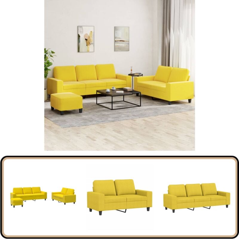 3-tlg. Sofagarnitur Hellgelb Stoff - Couchgarnitur - Esszimmertisch - Wohnzimmer Dekoration - Gemütliches Sofa - Hellgelbes Sofa