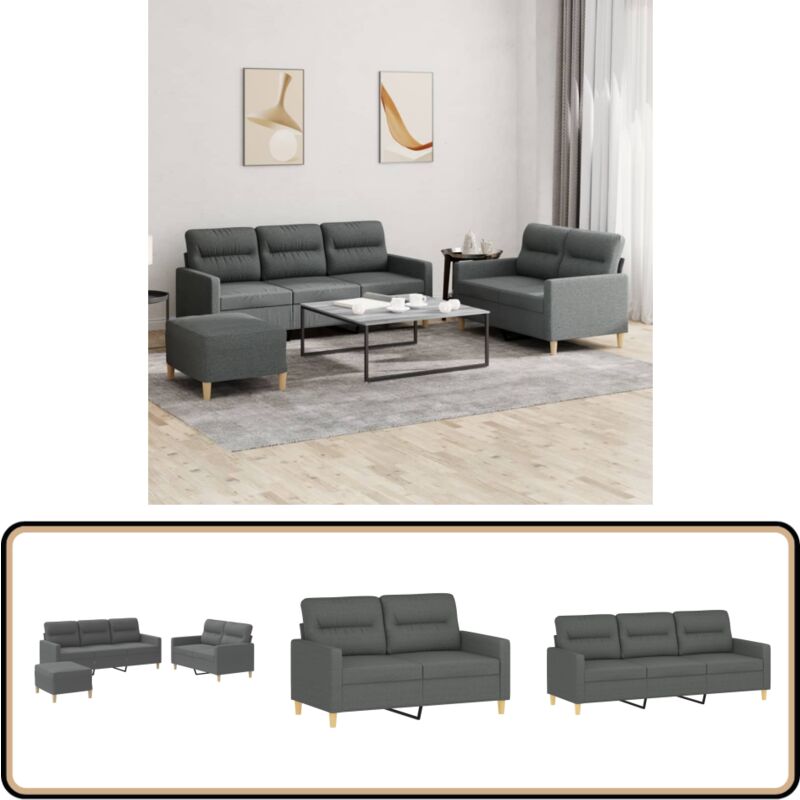 3-tlg. Sofagarnitur mit Kissen Dunkelgrau Stoff - Couchgarnitur - Esszimmertisch - Wohnzimmer Dekoration - Gemütliches Sofa - Grau Sofa