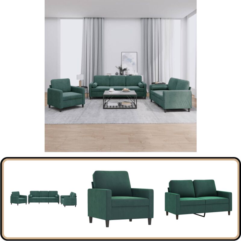 3-tlg. Sofagarnitur mit Kissen Dunkelgrün Samt - Samtsofa - Wohnlandschaft - Couchgarnitur - Dunkelgrünes Sofa - Gemütliches Sofa