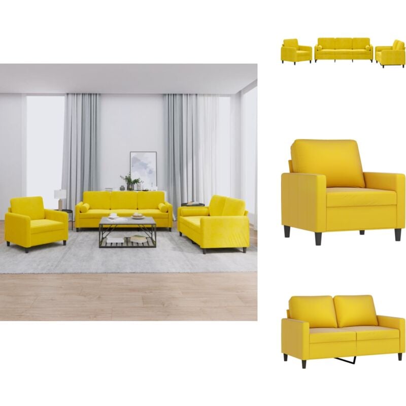 3-tlg. Sofagarnitur mit Kissen Gelb Samt - Samtsofa - Wohnlandschaft - Couchgarnitur - Gelbes Sofa - Esszimmertisch