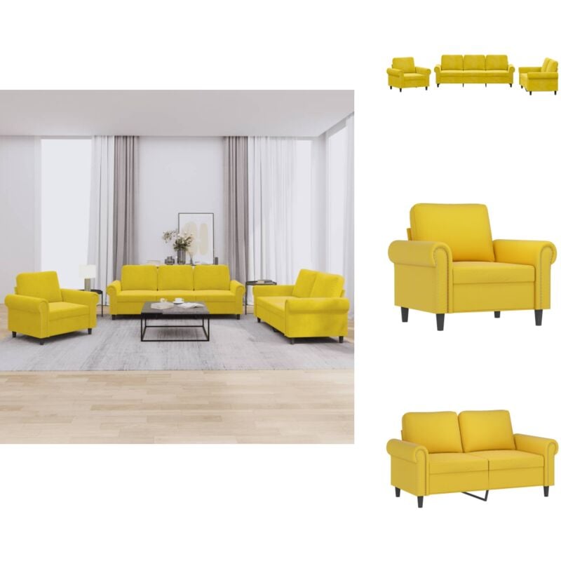 3-tlg. Sofagarnitur mit Kissen Gelb Samt - Samtsofa - Wohnlandschaft - Couchgarnitur - Gelbes Sofa - Lounge Möbel