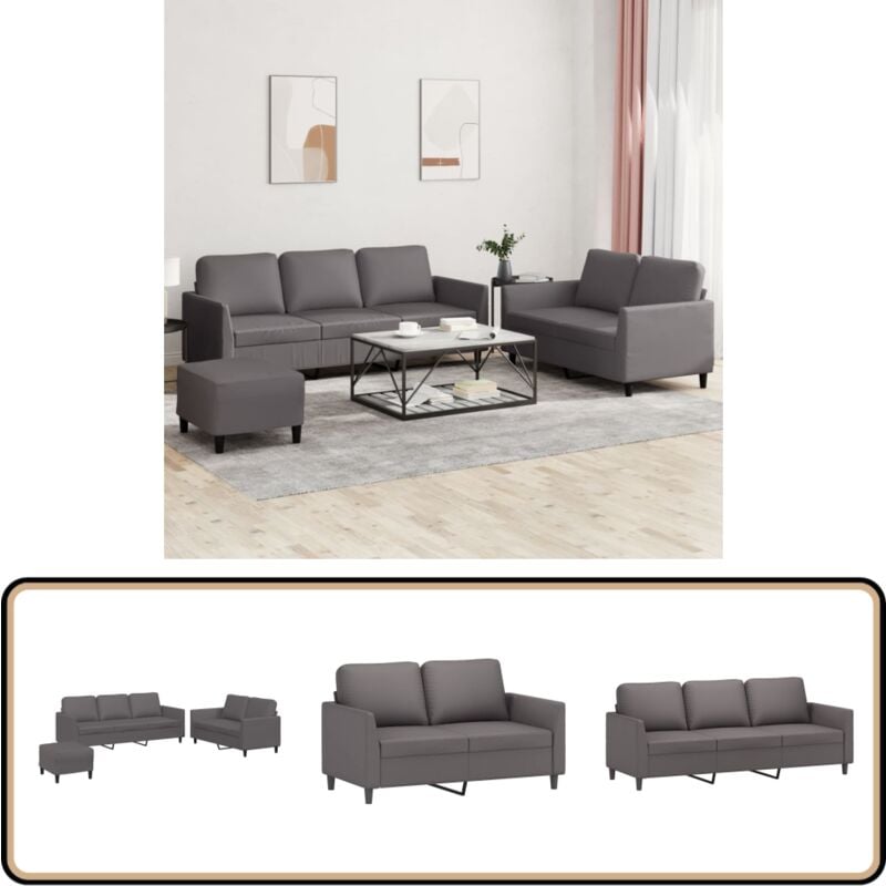 3-tlg. Sofagarnitur mit Kissen Grau Kunstleder - Couchgarnitur - Ledercouch - Grau Couch - Wohnzimmer Dekoration - Lounge Möbel