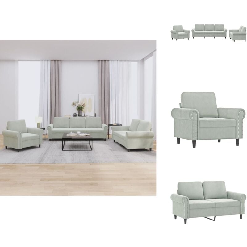 3-tlg. Sofagarnitur mit Kissen Hellgrau Samt - Samtsofa - Wohnlandschaft - Couchgarnitur - Couchtisch - Lounge Möbel