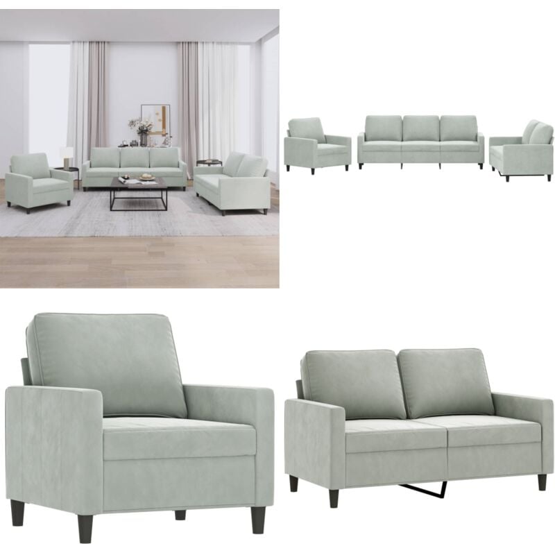 3-tlg. Sofagarnitur mit Kissen Hellgrau Samt - Samtsofa - Wohnlandschaft - Couchgarnitur - Lounge Möbel - Grau Sofa - Home & Living