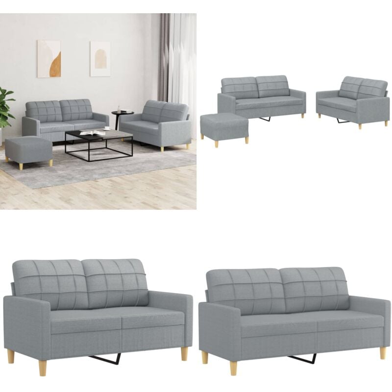 3-tlg. Sofagarnitur mit Kissen Hellgrau Stoff - Couchgarnitur - Esszimmertisch - Wohnzimmer Dekoration - Grau Sofa - Gemütliches Sofa - Home & Living