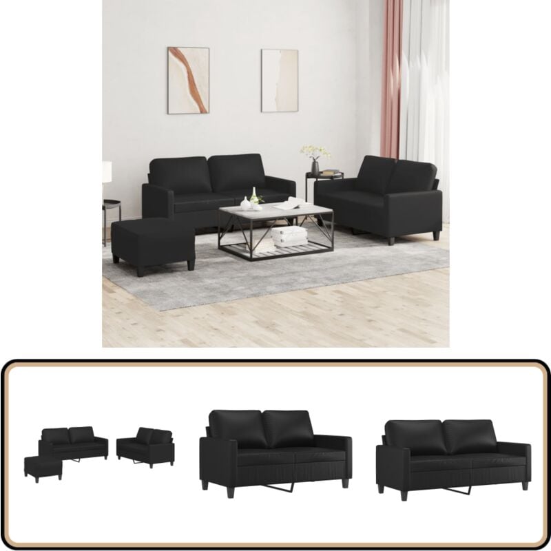 Vidaxl - 3-tlg. Sofagarnitur mit Kissen Schwarz Kunstleder - Couchgarnitur - Schlafzimmermöbel - Wohnzimmer Dekoration - Schwarzes Sofa - Ledercouch