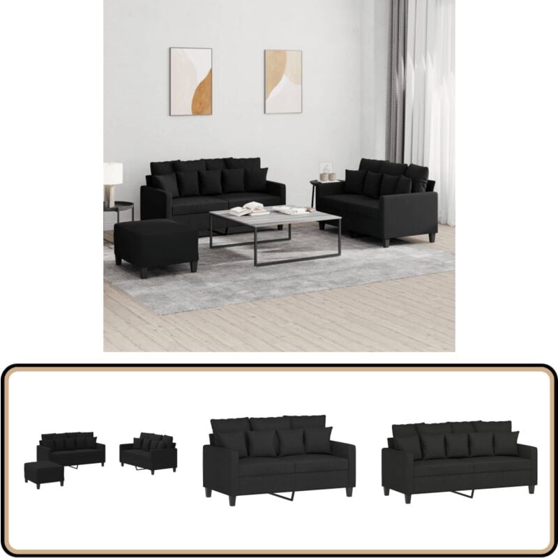 3-tlg. Sofagarnitur mit Kissen Schwarz Stoff - Couchgarnitur - Esszimmertisch - Wohnzimmer Dekoration - Schwarzes Sofa - Gemütliches Sofa