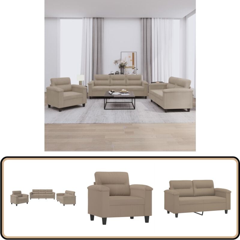 3-tlg. Sofagarnitur mit Kissen Taupe Mikrofasergewebe - Mikrofaser Sofa - Wohnlandschaft - Couchgarnitur - Tapete Sofa - Gemütliches Sofa