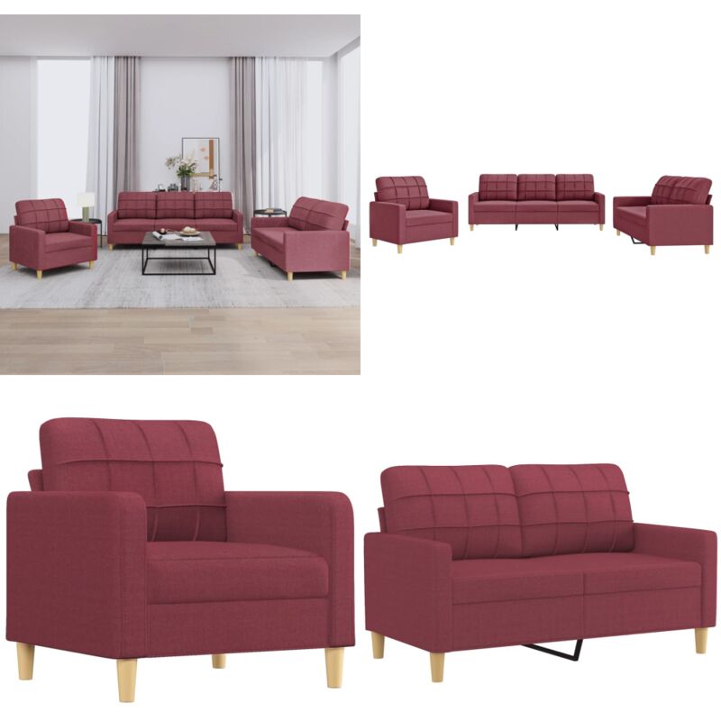 3-tlg. Sofagarnitur mit Kissen Weinrot Stoff - Esszimmertisch - Wohnzimmersofa - Couchgarnitur - Ledercouch - Samtcouch - Home & Living