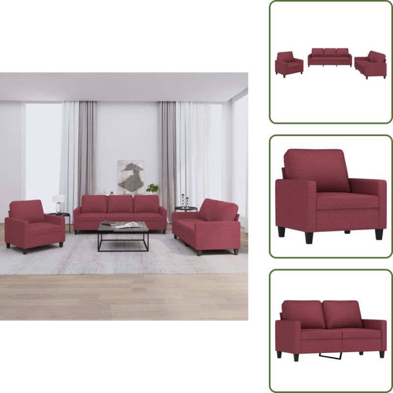 3-tlg. Sofagarnitur mit Kissen Weinrot Stoff - Esszimmertisch - Wohnzimmersofa - Couchgarnitur - Ledercouch - Samtkouch