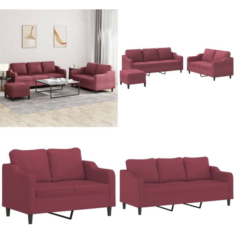 3-tlg. Sofagarnitur mit Kissen Weinrot Stoff - Wohnzimmermöbel - Couchgarnitur - Ledercouch - Ecksofa - Schlafsofa - Home & Living