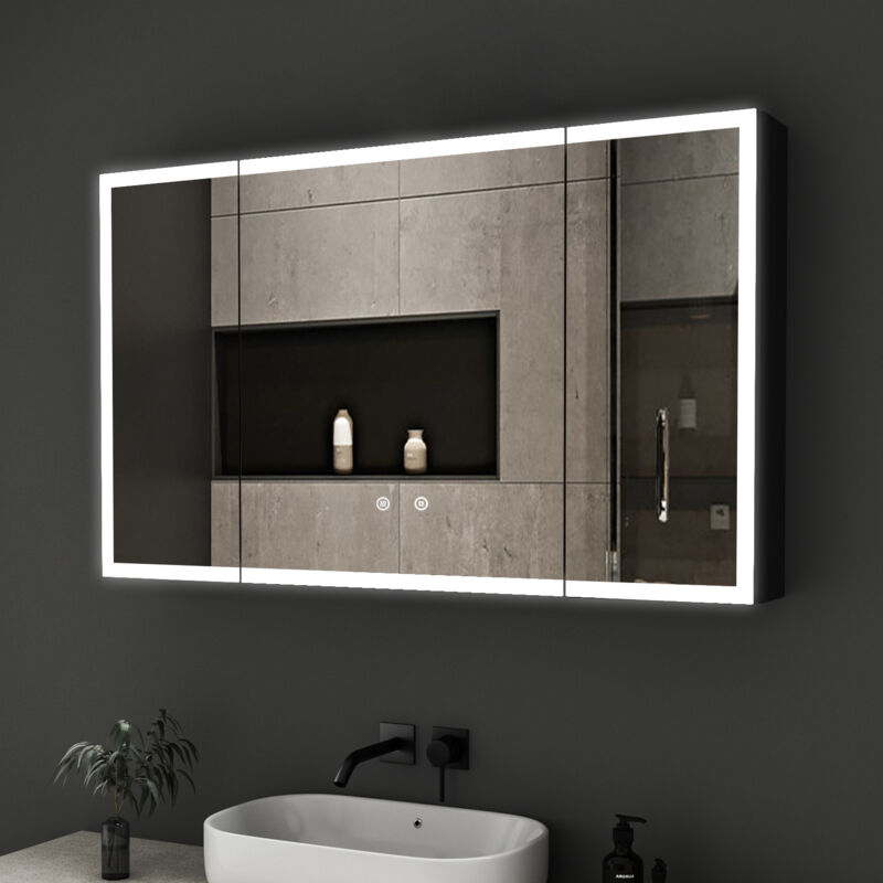 3 Türen LED Spiegelschrank mit Beleuchtung 90x60cm Aluminium Spiegelschrank Bad mit Beleuchtung Badezimmerschrank, Badschrank Spiegel Kabinett mit