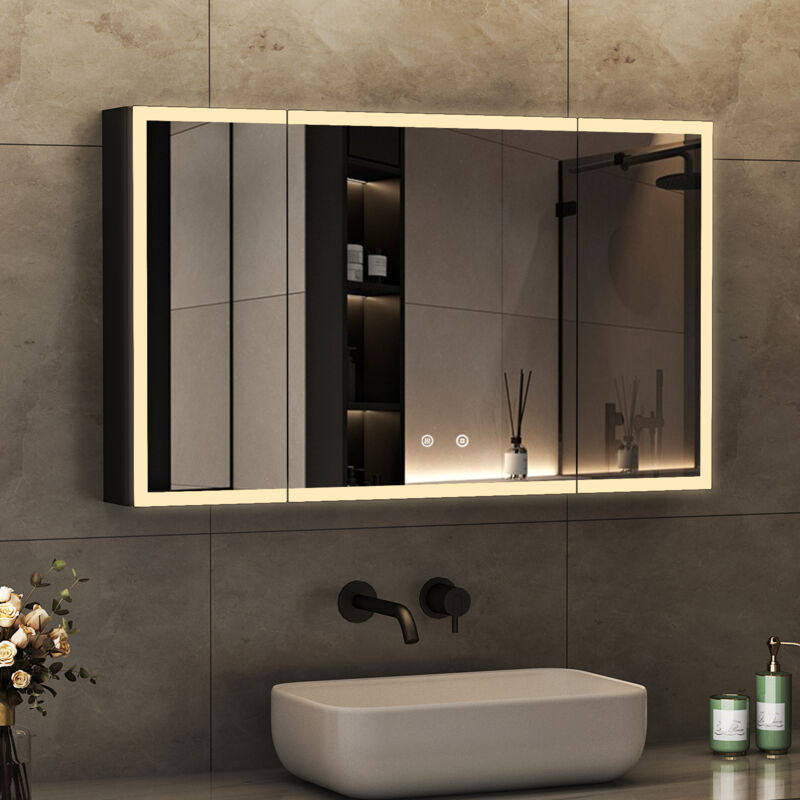 3 Türen Spiegelschrank Bad mit Beleuchtung 90 x 60 cm LED Spiegelschrank Schwarz mit Beleuchtung Bad-Hängeschränke Badezimmerschrank mit 3